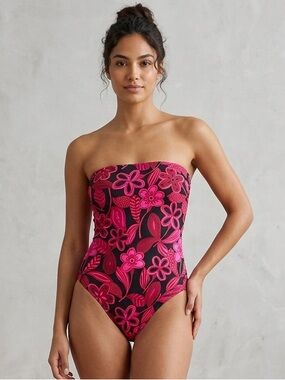 Beach Cabana Strapless Floral One-Piece Swimsuit in Hot Pink and Black Size M‎
